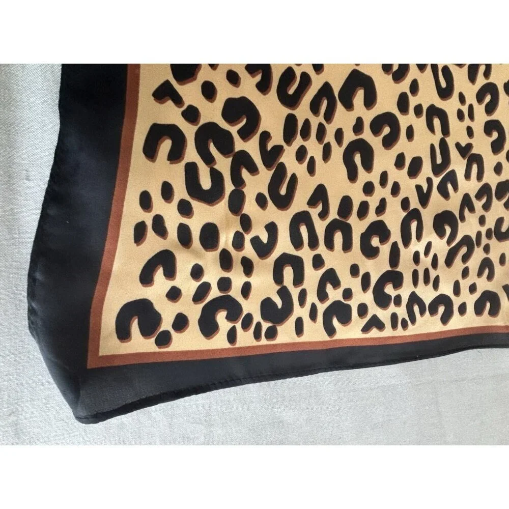 Elegant Leopard Print Design Scarf 26” Square Black & Brown Silky Smooth